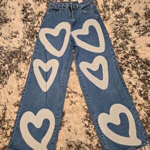 SHEIN Women’s Heart Print Wide Leg Jeans | Size 2 | Medium Wash